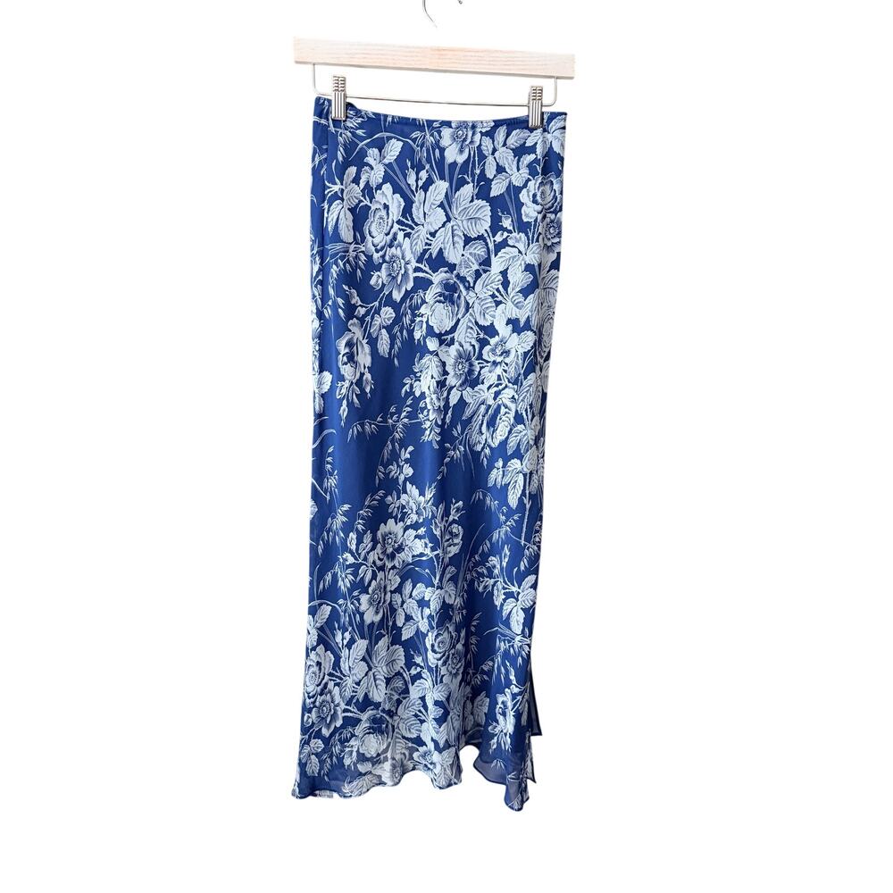 Vintage Y2k Express Blue 100% Silk Floral Skirt Small